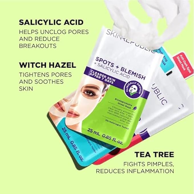 SKIN REPUBLIC SPOT & BLEMISH FACE SHEET MASK WITH SALICYLIC ACID (10 MASKS)  ANTI-BLEMISH SERUM WITH WITCH HAZEL & TEA TREE, HELPS REDUCE BREAKOUTS, UNCLOGS & TIGHTENS PORES - Image 3